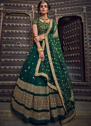 Soft Net Dark Green Embroidered Work Lehenga Choli For Wedding